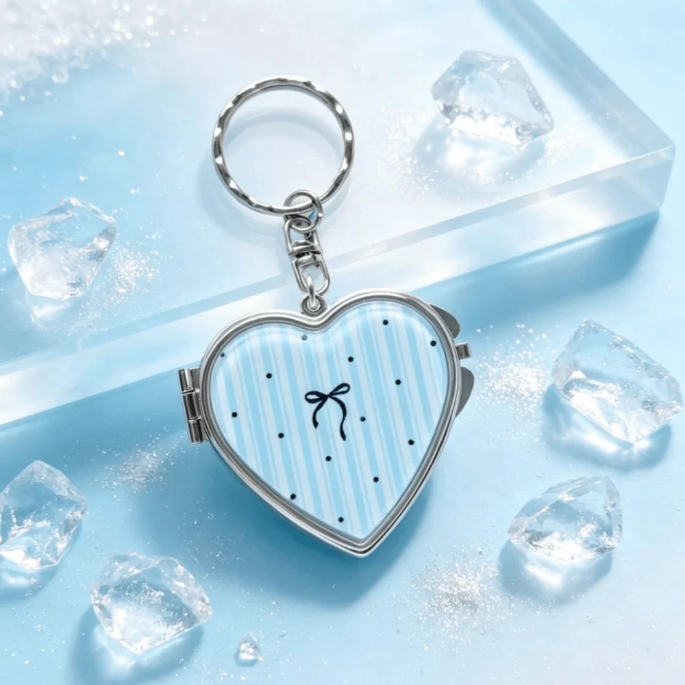 Heart Shaped Mirror Keyring Silver Tone Edging Double Sided Folding Makeup Mirror Pendant Pastel Patterns Portable