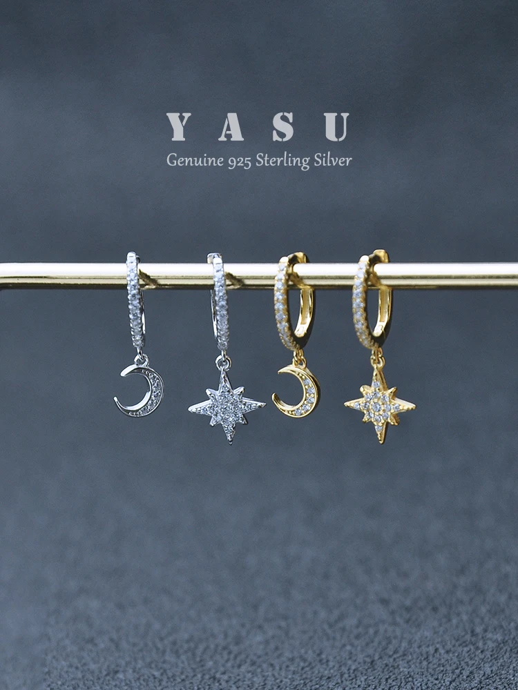 

Yasu Genuine 925 Silver Small Moon Star Hanging Earrings For Women Asymmetric Noble Drop Earrings Fine Jewelry Gifts Accessories