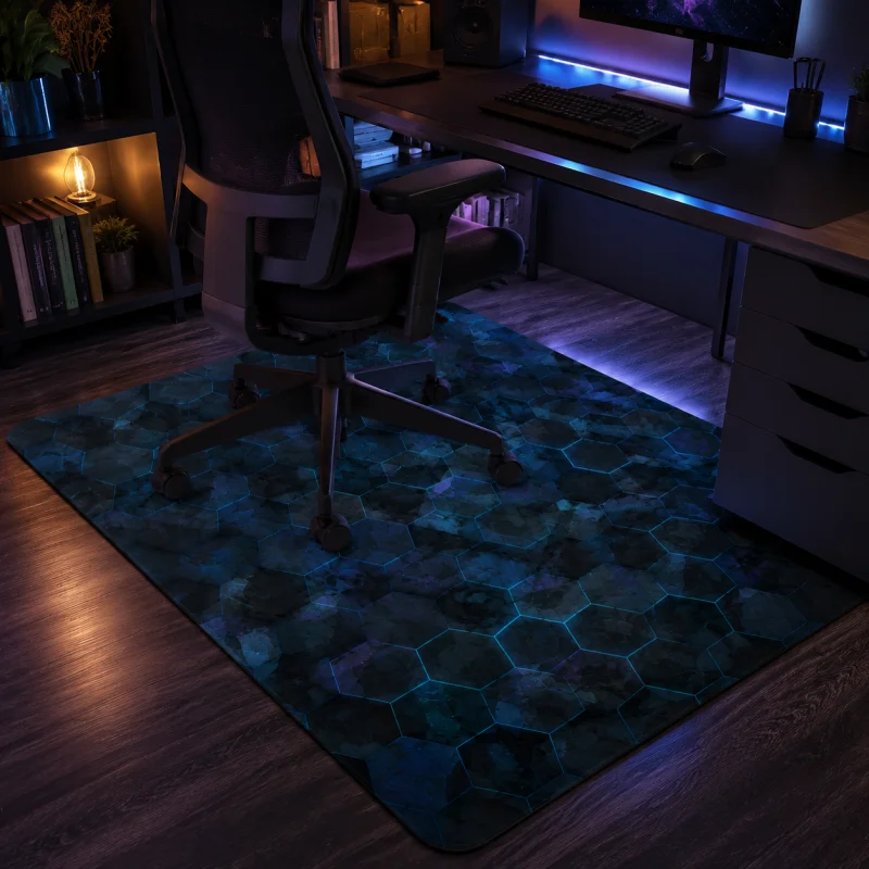 VIKAMA Neon Blue Hexagon Geometric Gaming Chair Mat Non Slip Washable Large Floor Rug For Gamer Desk Computer Room Decor