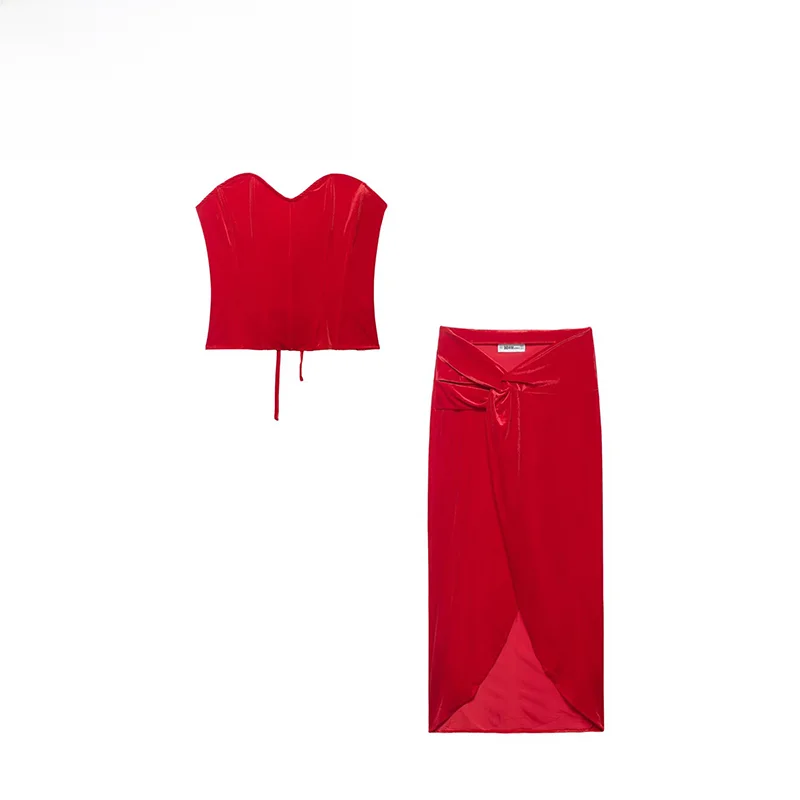 

Модный универсальный женский комплект из топа и юбки ZR: топ-бюстье с завязками и короткая юбка с высокой талией, осенняя коллекция, полиэстер