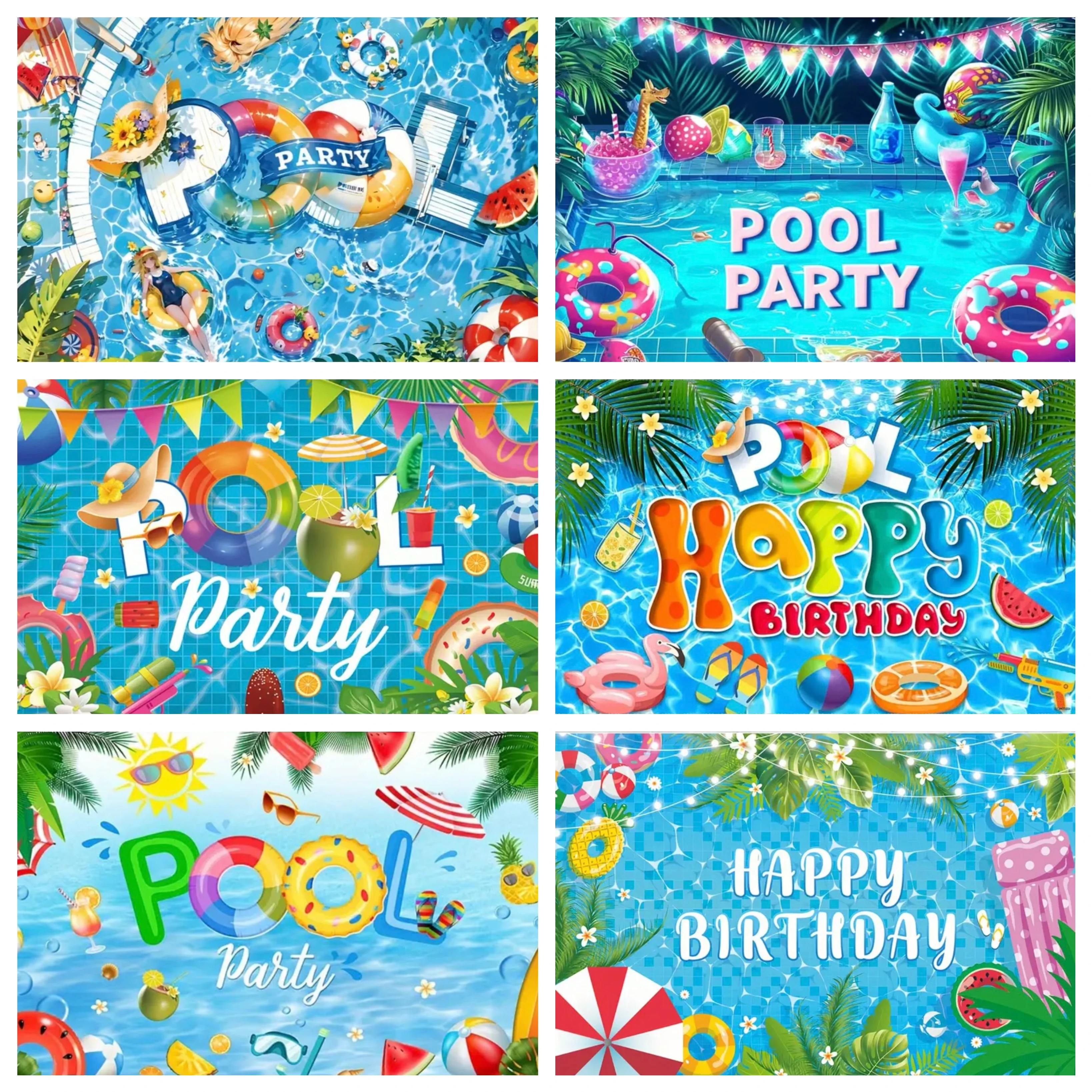 Summer Swimming Pool Party Backdrops Hawaiian Beach Ball Flamingo Lifebuoy Baby Birthday Holiday Photography Background Decor