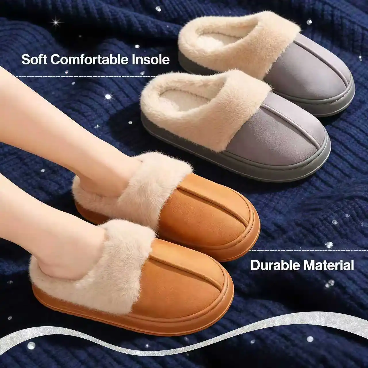 شباشب شتوية عصرية للنساء بنعل سميك من جلد الغزال مناسبة لكل من الرجال والنساء شباشب منزلية شتوية