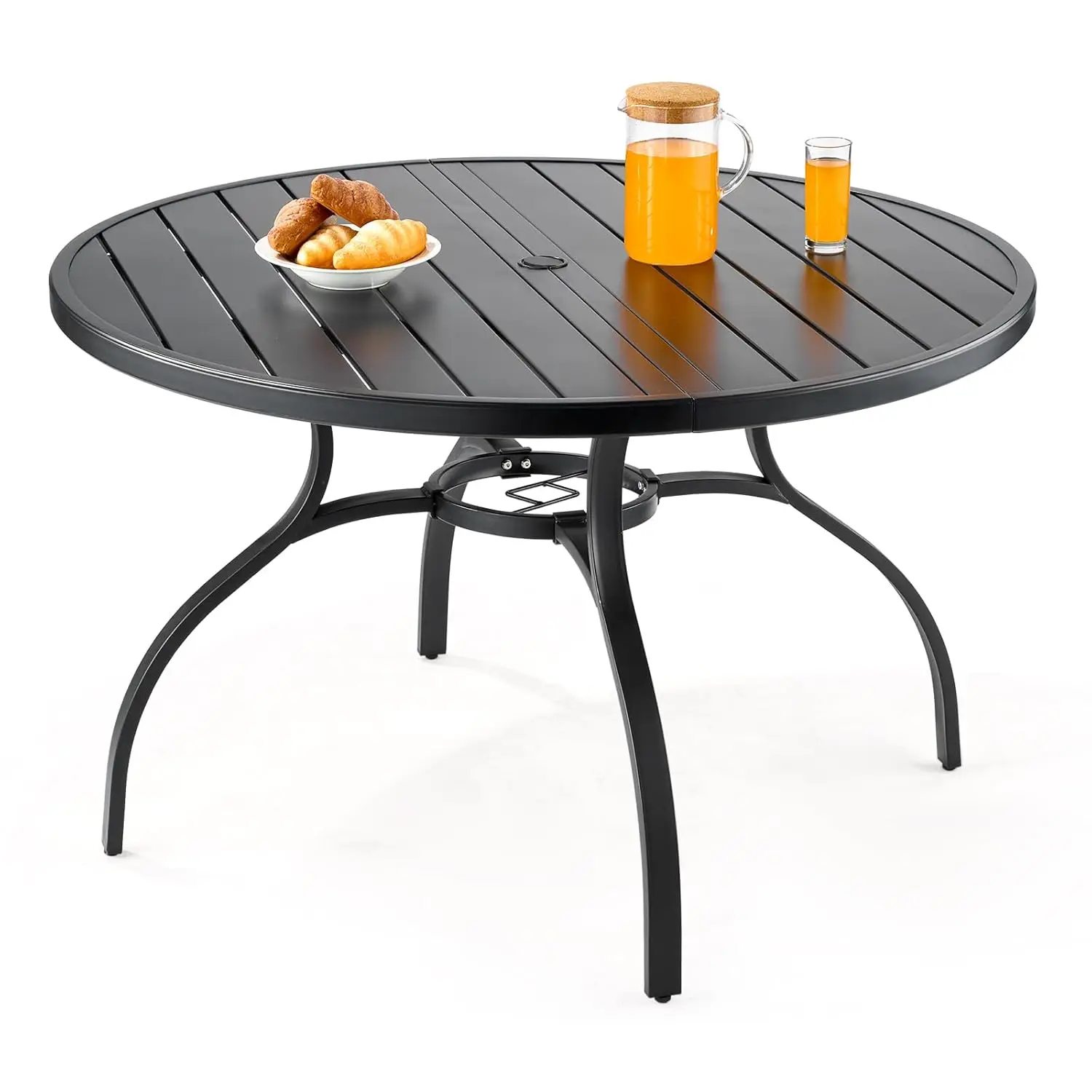 

Outdoor Patio Dining Table, 47 inch Round Metal Steel Slat Backyard Bistro Tables, with 1.5 in Umbrella Hole,Customized