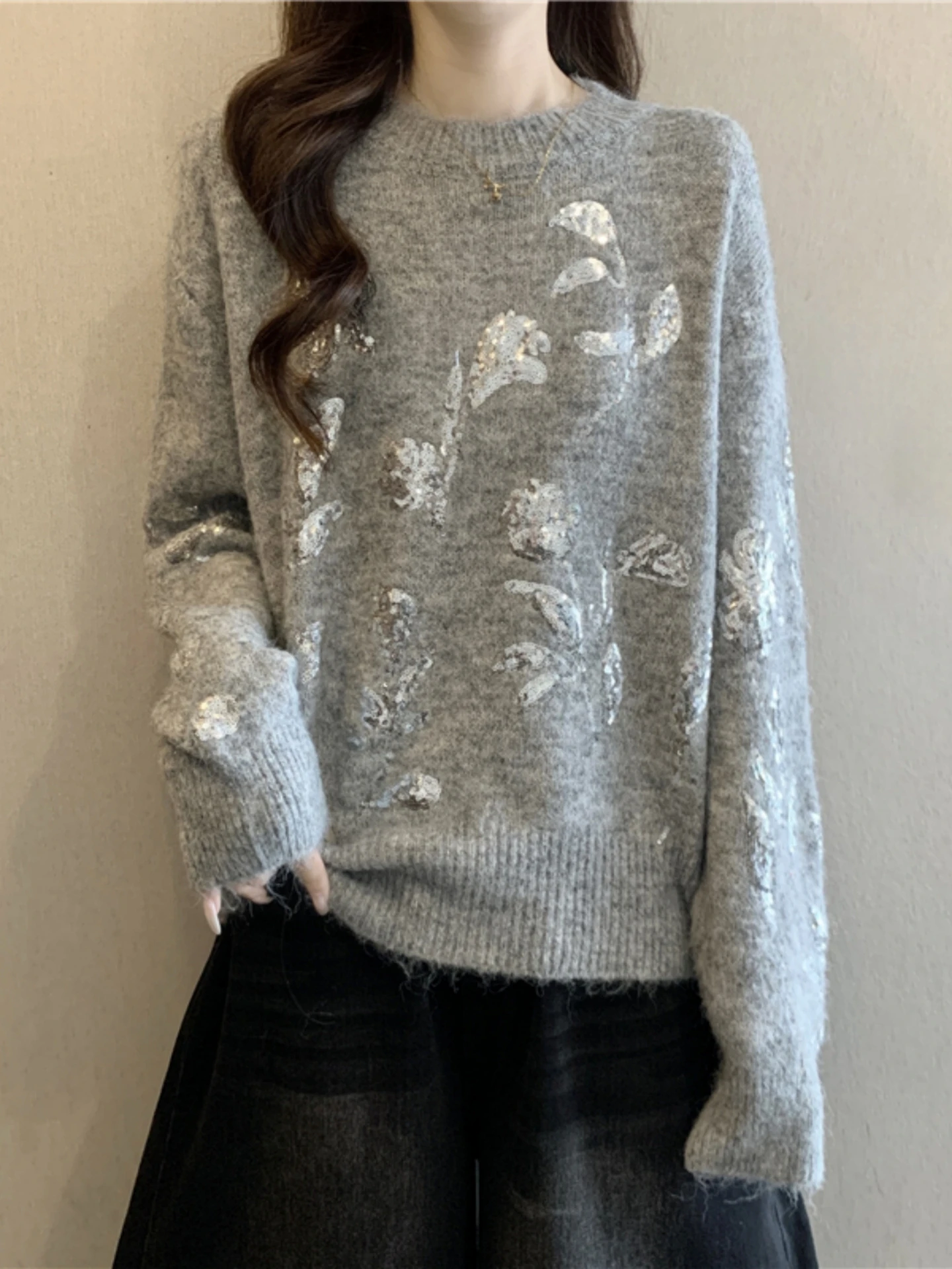 Glitter Knitted Base Shirt Sweater Women's Style Spring Autumn plus Size Beautiful Unique Comfortable Korean Loose Fit Long S...