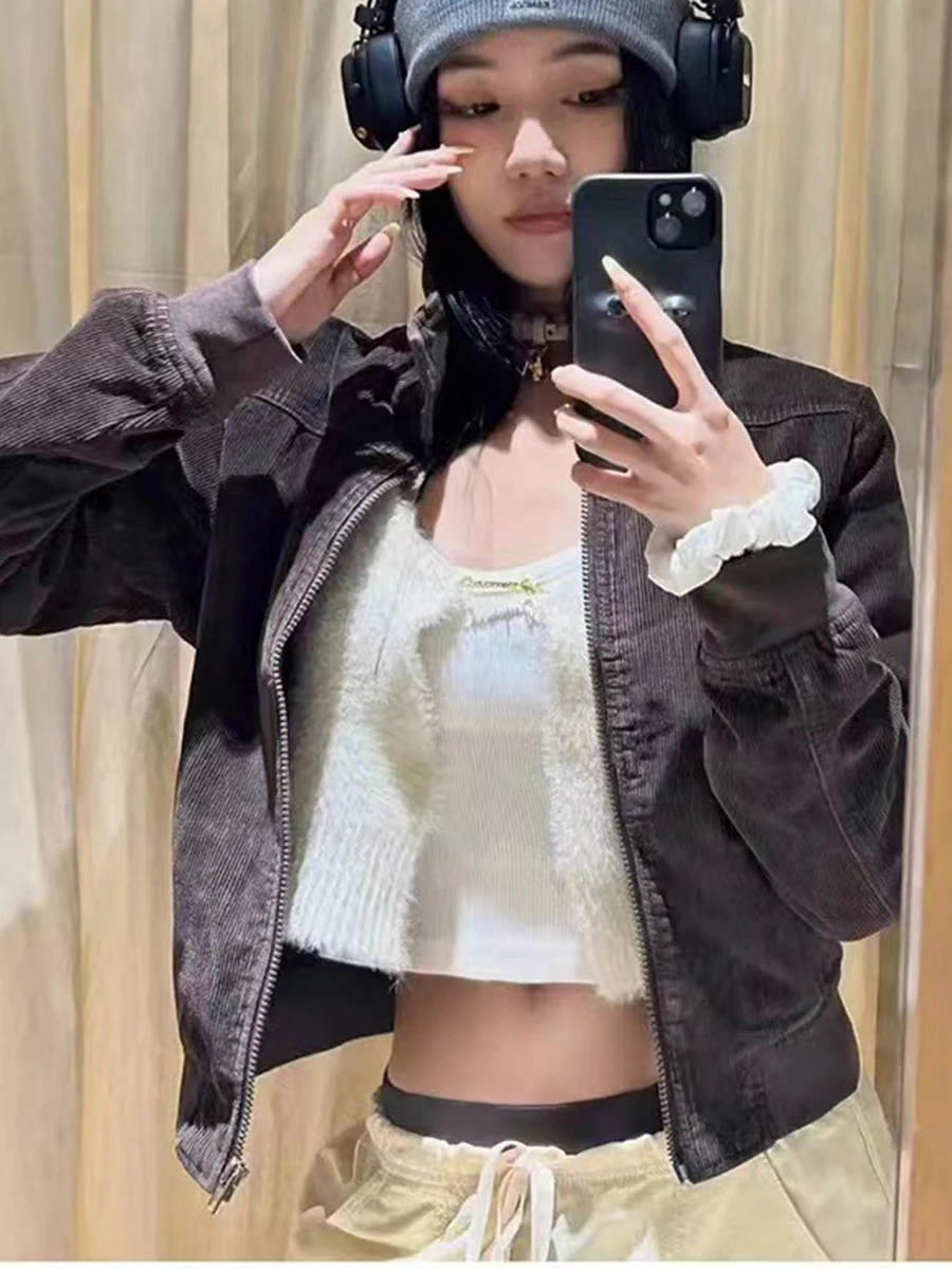 Vintage Coffee Corduroy Cropped Zipper Thick Coats Women Turn Down Collar Preppy Style Jacket Harajuku Streetwear Chic Outerwear