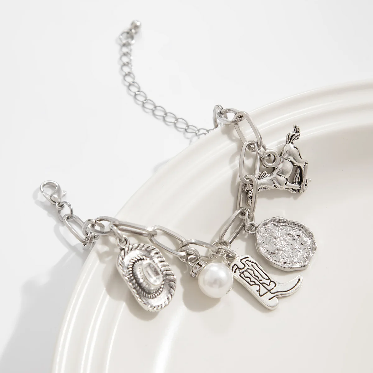 INS Style Multielement Cowboy Boots Alloy Pendant Bracelets for Women Irregularity Imitation Pearl Bangle Couple Jewelry Gifts