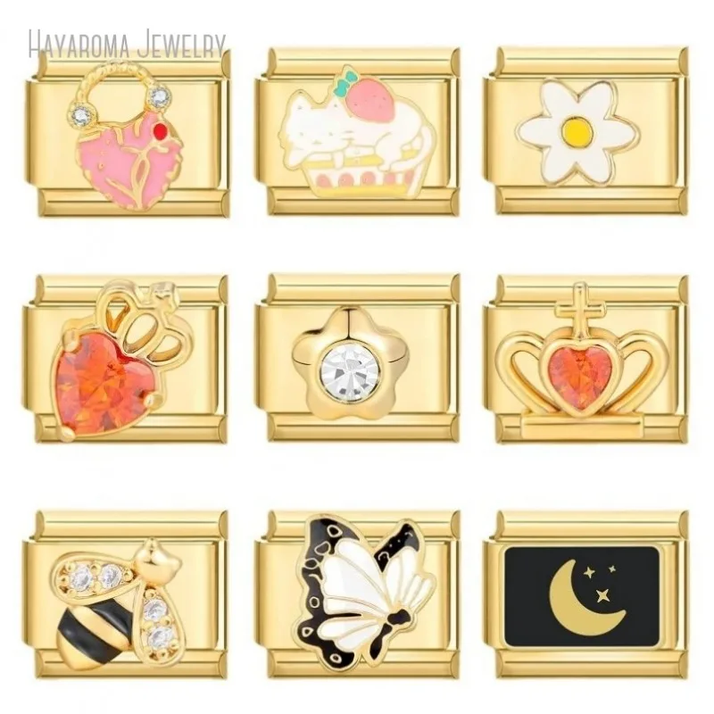 

5Pcs Necklace Pendant Gold Color Italian Bracelet Charm Jewelry Bead Making Accessories Sun Moon Butterfly Kitten Bow Pattern