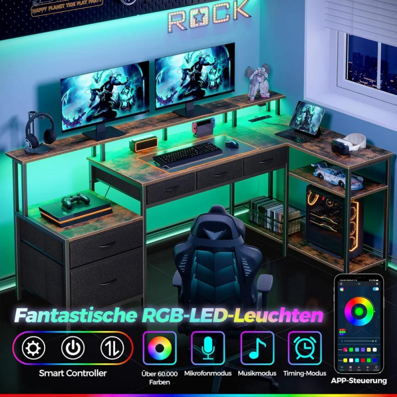 مكتب على شكل حرف L مع أدراج، طاولة ألعاب قابلة للعكس مع مقبس، حامل شاشة LED، 163 سم، مكتب كمبيوتر