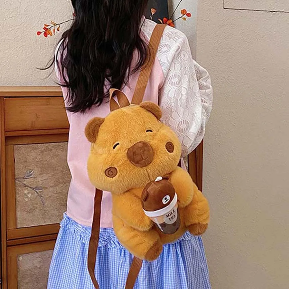 Thickened Cute Capybara Plush Backpack Soft Milk Tea Cup Brown Doll Bag PP Cotton Adjustable Straps Cartoon Daypack Friends