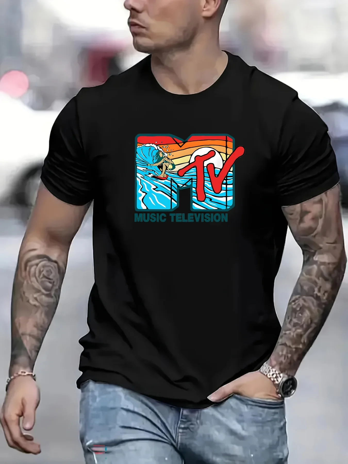 Men's summer 100% pure cotton fashionable casual sports loose MTV letter pattern print round neck short sleeved T-shirt top