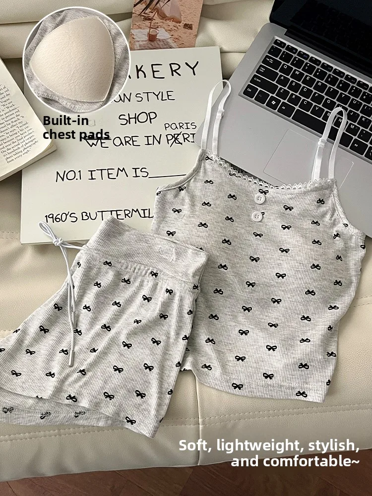 

Sexy Modal Cotton Strap Spwear Women Summer Thin Home Clothes Set with Chest Pad One-Piece Lightweight Worn-Outside Home Suit