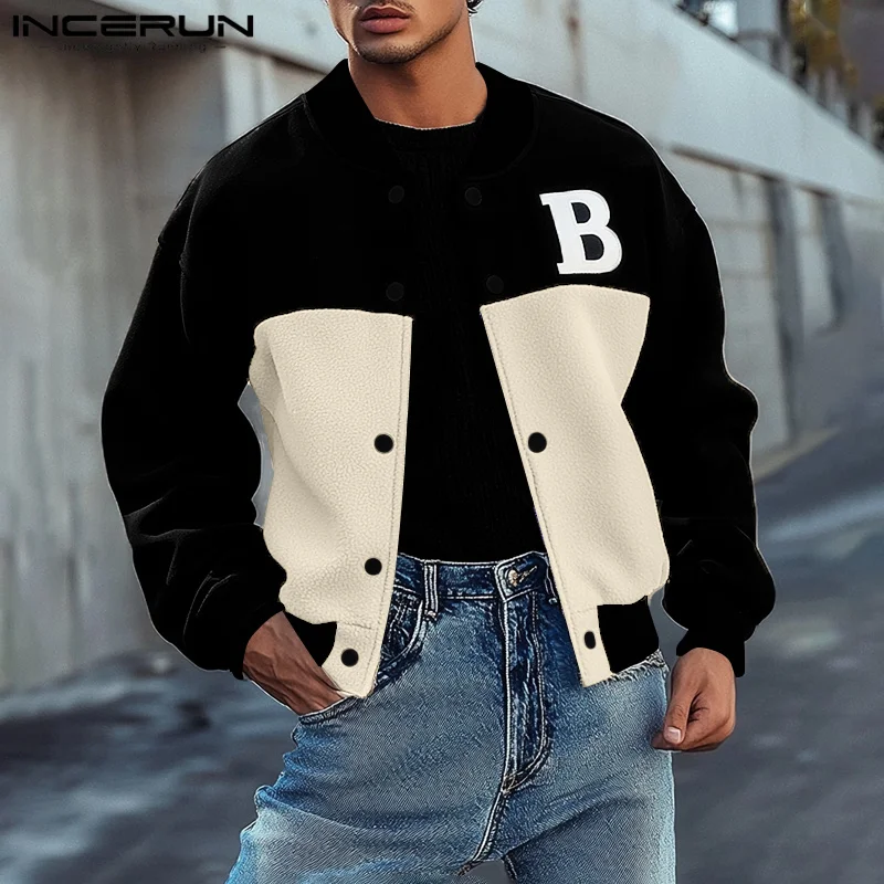 INCERUN Tops 2024 American Style Fashion Men's Patchwork Color Block Jackets Streetwear Letter Print Long Sleeved Jackets Coats