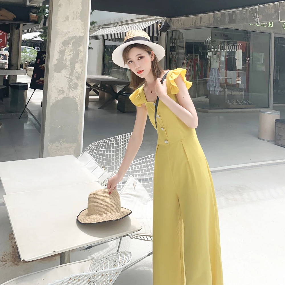 

Желтый летний комплект: молодежный, омолаживающий, с высоким воротником, расклешенные брюки-клеш с завышенной талией, длинные, из девяти частей, цельный комплект