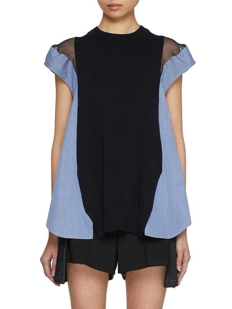 

Summer 2025 Women's Loose Knitted round Neck T-shirt with Fly Sleeve Creative Splicing Design Artistic Commute Style Pure Color