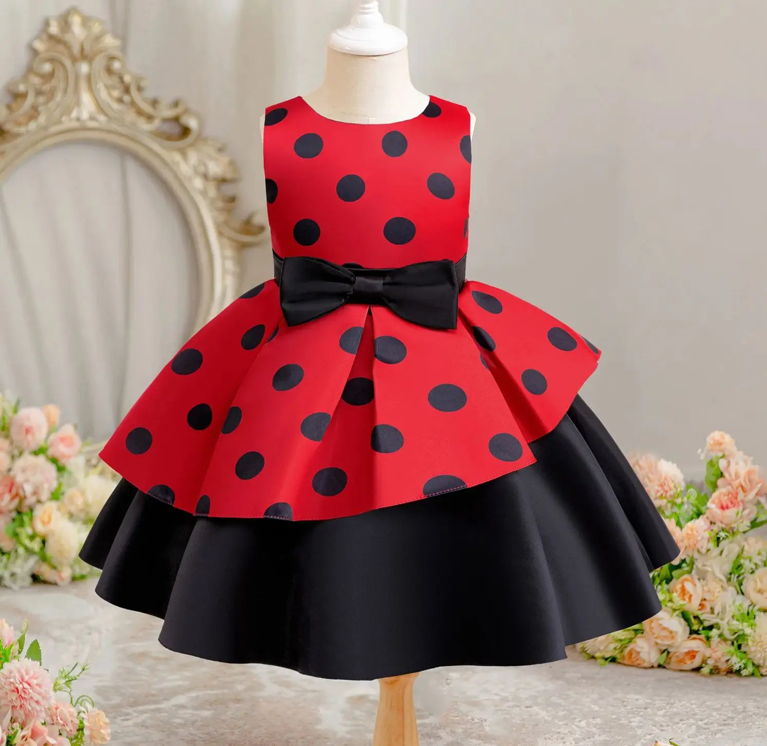 女の子のパーティードレス新年キッズガールクリスマス服子供ドットプリントドレス3-10歳