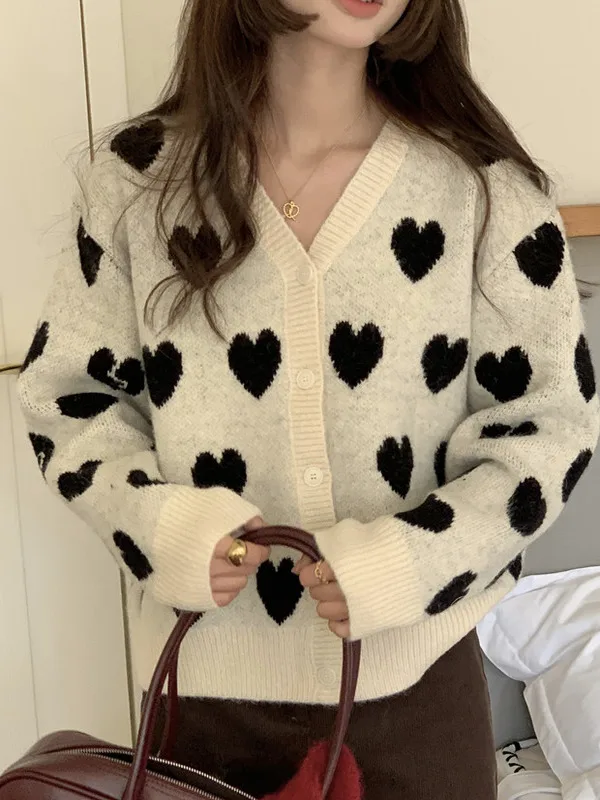 

Ele V-Ne вязаный свитер на одной пуговице, женское корейское пальто в стиле ретро с сердечками, длинный топ све, модный открытый кардиган