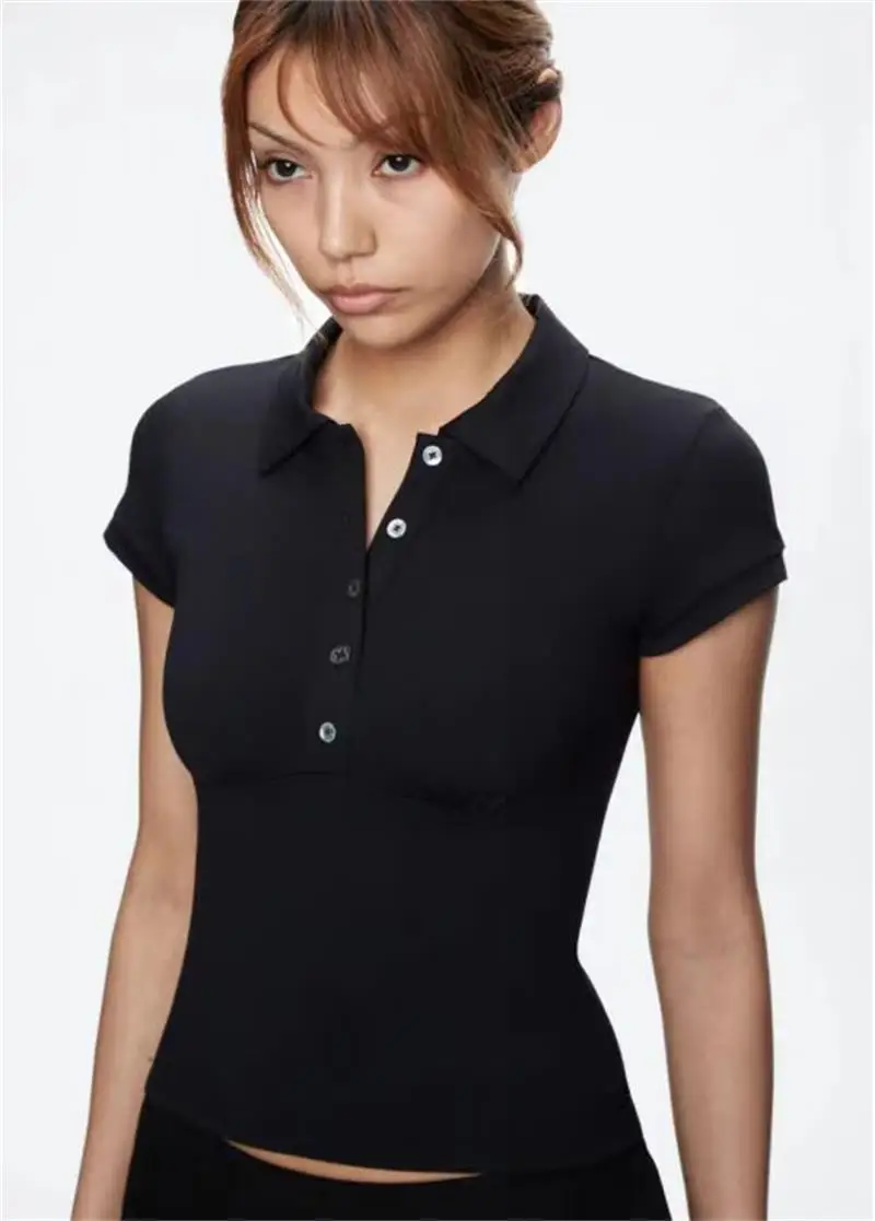 ank Air 2024  black polo collar T-shirt slim fit shoulder short sleeved baby tee custom button top for women