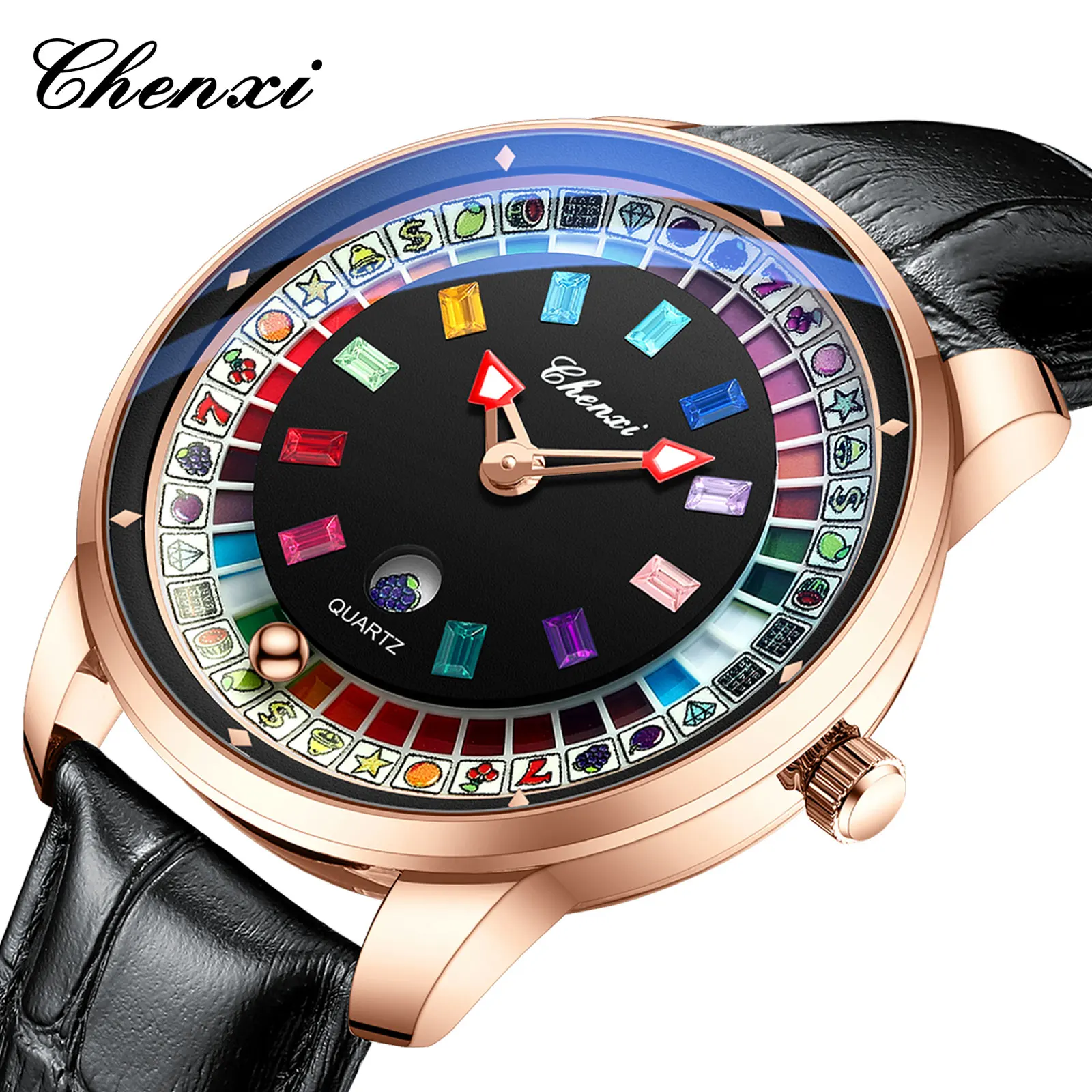CHENXI Hot Sale 6362 New Colorful Fruit Diamonds Rotating Dial Quartz Watch Comfortable Leather Strap Waterproof Watches for Men