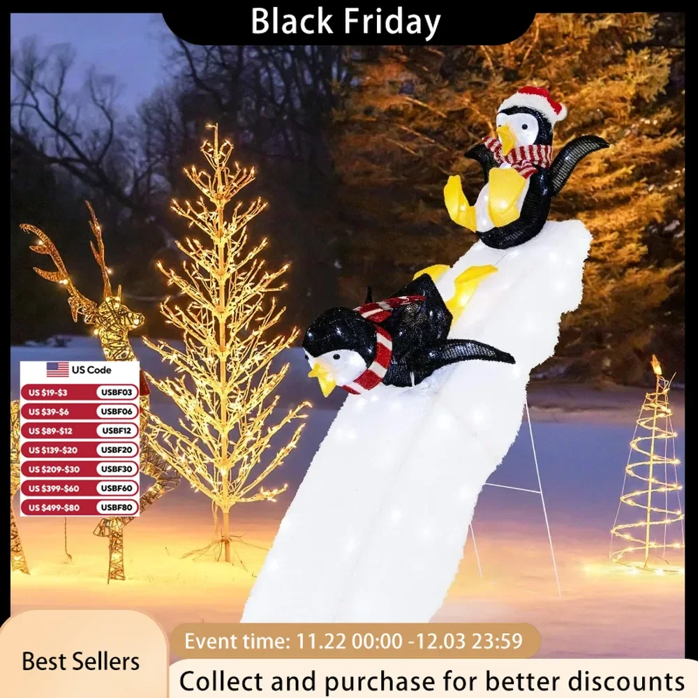 Christmas Inflatable 4 FT Lighted Penguin Slide Scene Decoration 2 Sliding Penguins & Snowy Slide Penguin Christmas Inflatable