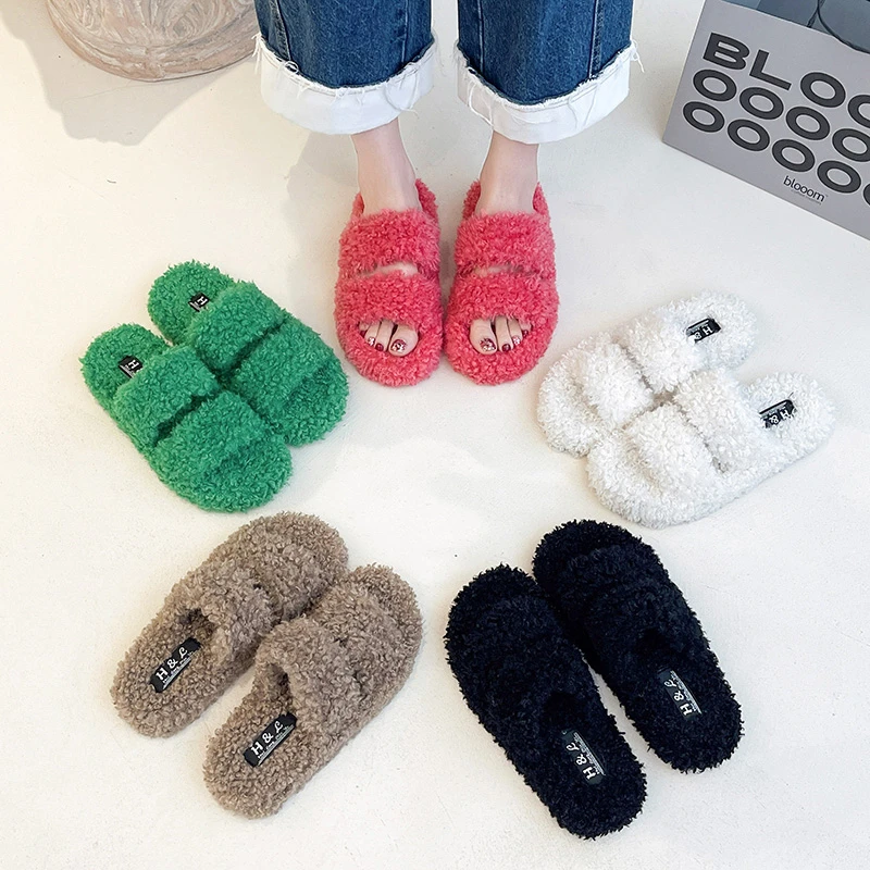 LazySeal 3cm Heel Colorful Faux Fur Fashion Mules Soft Women Indoor Slippers Home Furry Slides Flip Flops Size 42 zapatos mujer