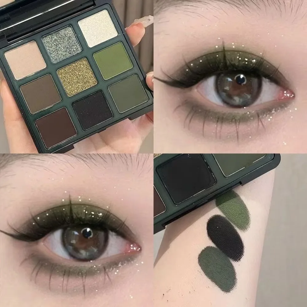 Paleta de sombra de ojos verde oliva, paleta de maquillaje de 9 colores, brillo nacarado, sombra de ojos ahumada mate, resaltador de cosméticos con brillo