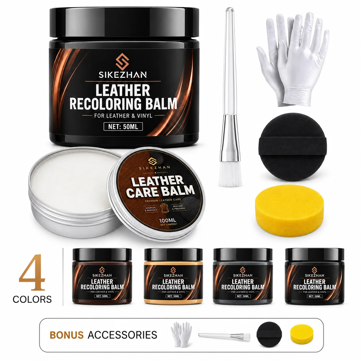 Leather Color Restorer and Conditioner Set with Brush, Gloves and Applicator Pads for Furniture, Car Seats, Shoes and Handbags