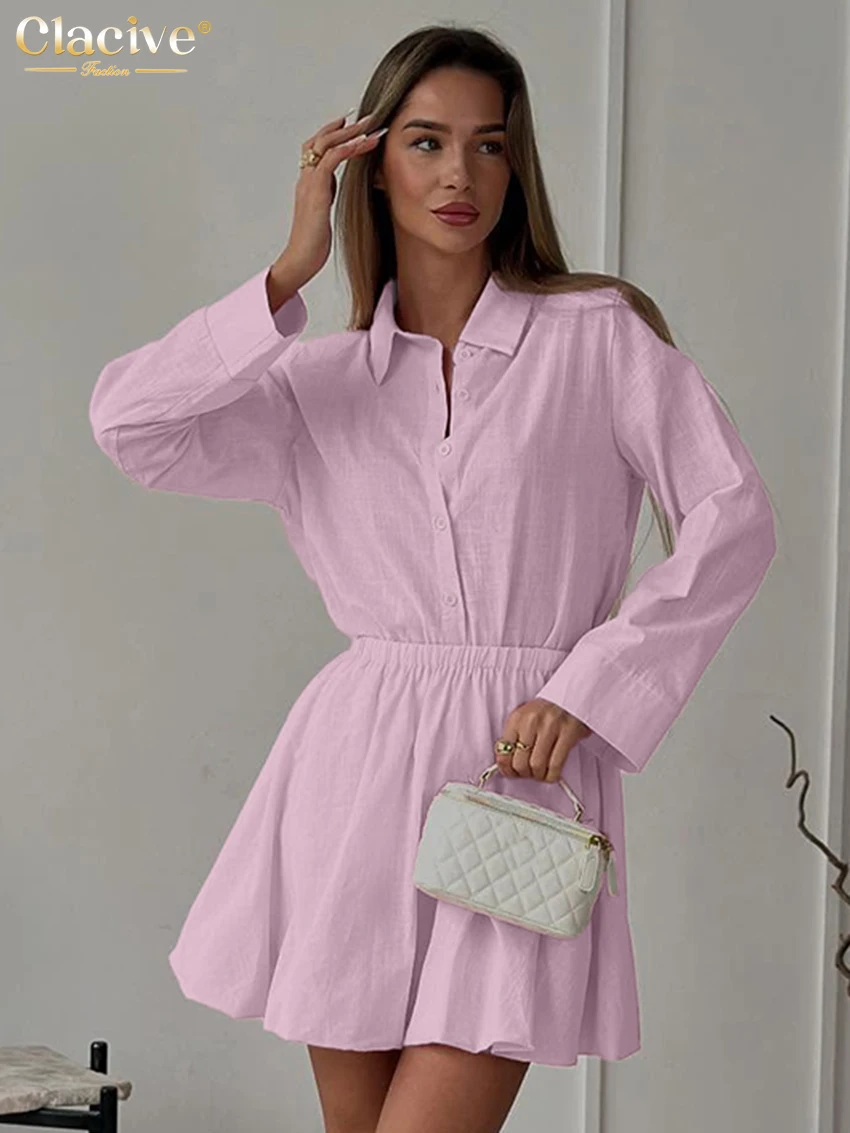 

Clacive Fashion Loose Pink Cotton 2 Piece Set Women 2025 Elegant Long Sleeve Shirt With High Waist Pleated Mini Skirt Set Female