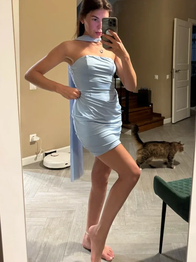 Chaxiaoa Mini abiti sexy senza spalline con spalle scoperte Abito da sera aderente con volant drappeggiato senza maniche alla moda da donna