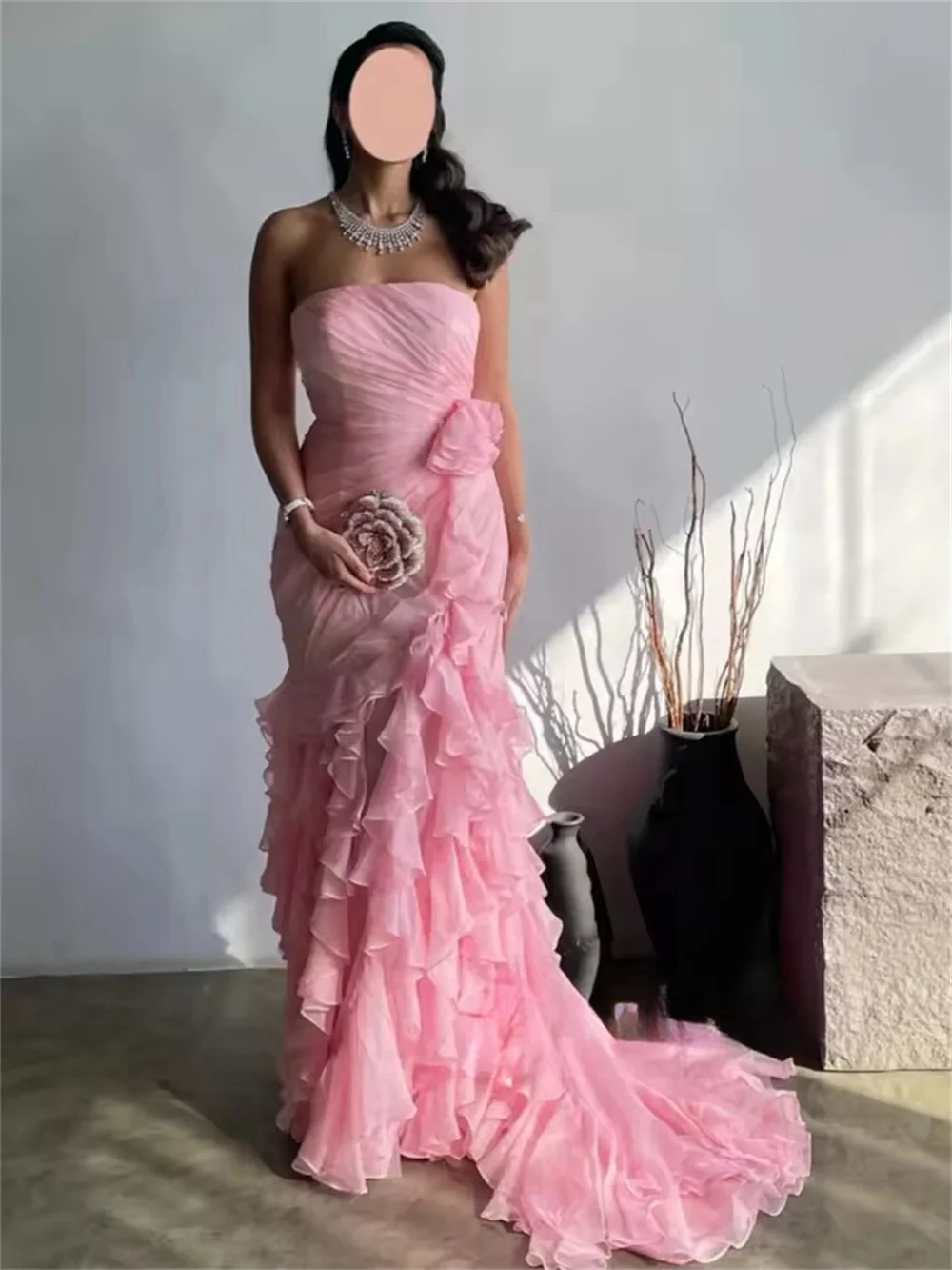 Mila Customized Strapless Trumpet Wedding Party Dress 3D Flower Cascading Ruffle Prom Dresses Court Train Women Evening Dress