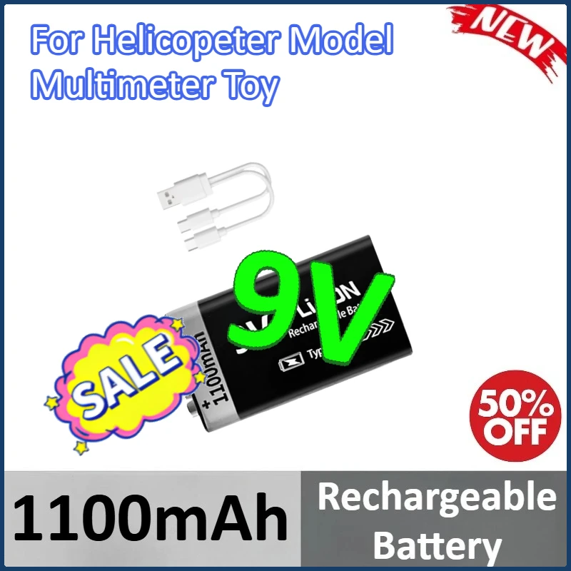 

1100mAh 9V Rechargeable Battery For Helicopeter Model Multimeter Toy USB Type-C Rechargeable 6F22 Li-ion Battery