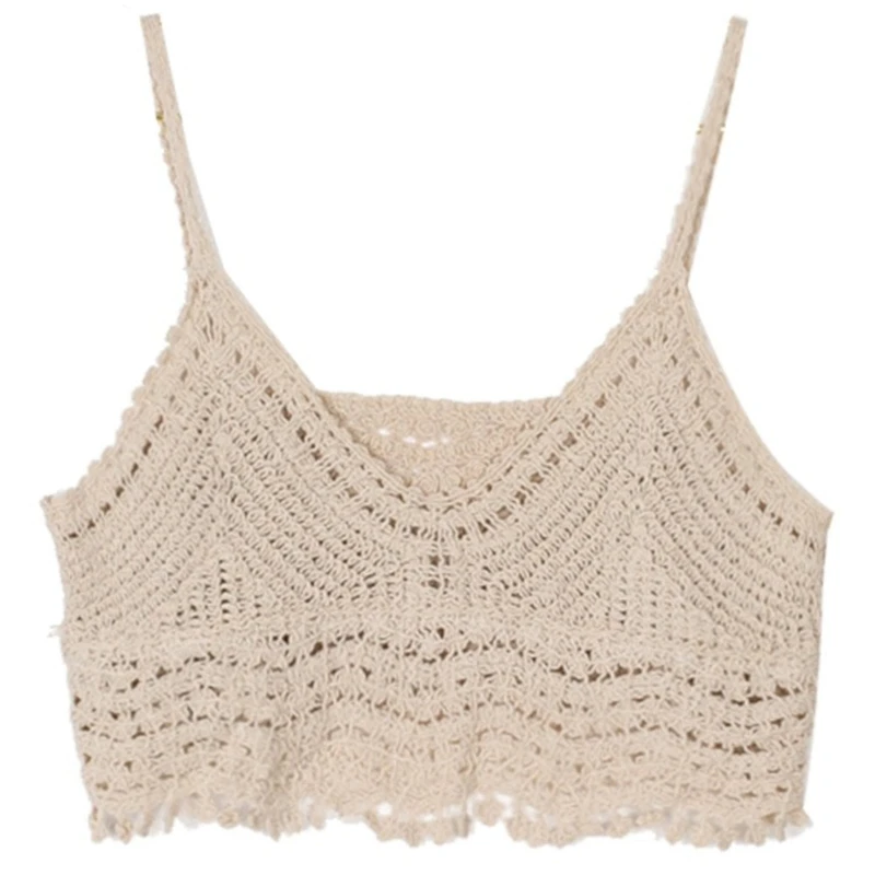 

Women Bohemian Sleeveless Camisole Sexy V-Neck Backless Crochet Loose Crop Top Wave Striped Tassel Hem Knit Beach Vest Dropship