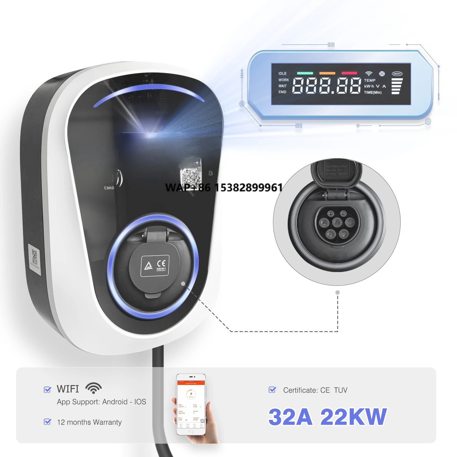 

TUV Wallbox 32A 22kw Smart Wifi Fast Ev Charging Station Level 3 Ev Charger with Type 2 EV Socket