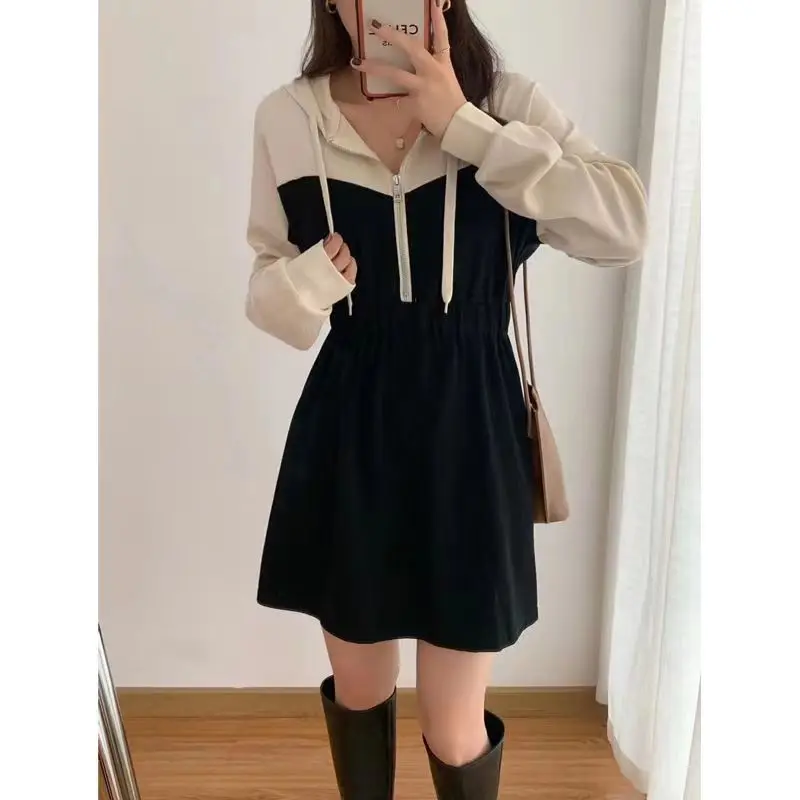 Korean Style Spring Autumn Vintage Ladies Knee-Length Dress Hooded Sweatshirt Long Sleeve Simple Casual Sports Dress Y2k 원피스