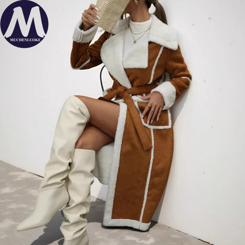 

Женская зимняя шуба из искусственной овечьей шерсти с лацканами на шнуровке, утепленное повседневное свободное длинное пальто, модное теплое