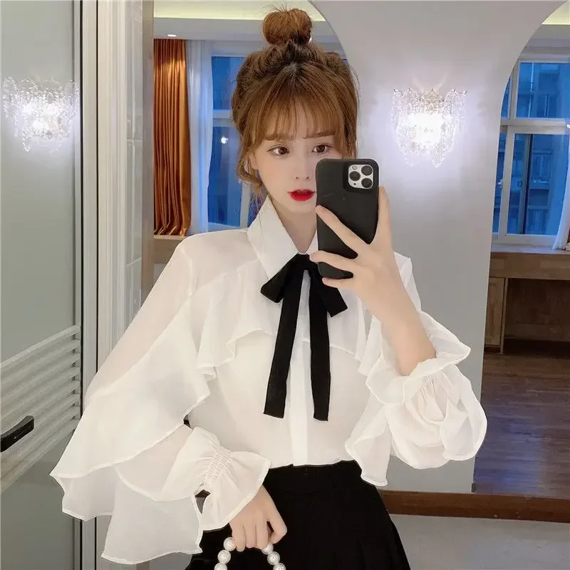 Autumn Bow White Ruffled Chiffon Long Sleeve Shirt Top Women's Clothing Blouse Women Blusas Ropa De Mujer