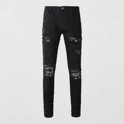 Fashionable new dark black men's jeans washed, stretchy, slim fit, cashew flower patch jeans, high street hip-hop brand pants, h