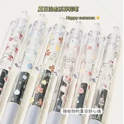 6Pcs Cute Flowers Press Gel Pen Signature Quick drying Students Pens Gift School Office journal Clear Stationery Business Supply