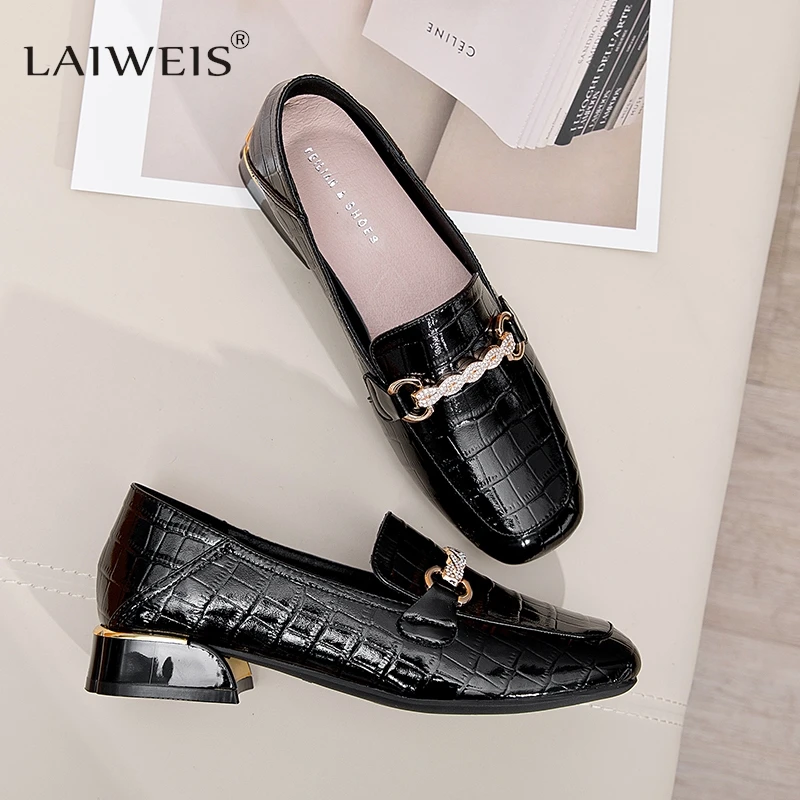 Soft Leather Middle Heel Women Shoes Square Buckle Thick Heel Females Shoes Fashion Leisure Spring Ladies Dress Pumps Brand