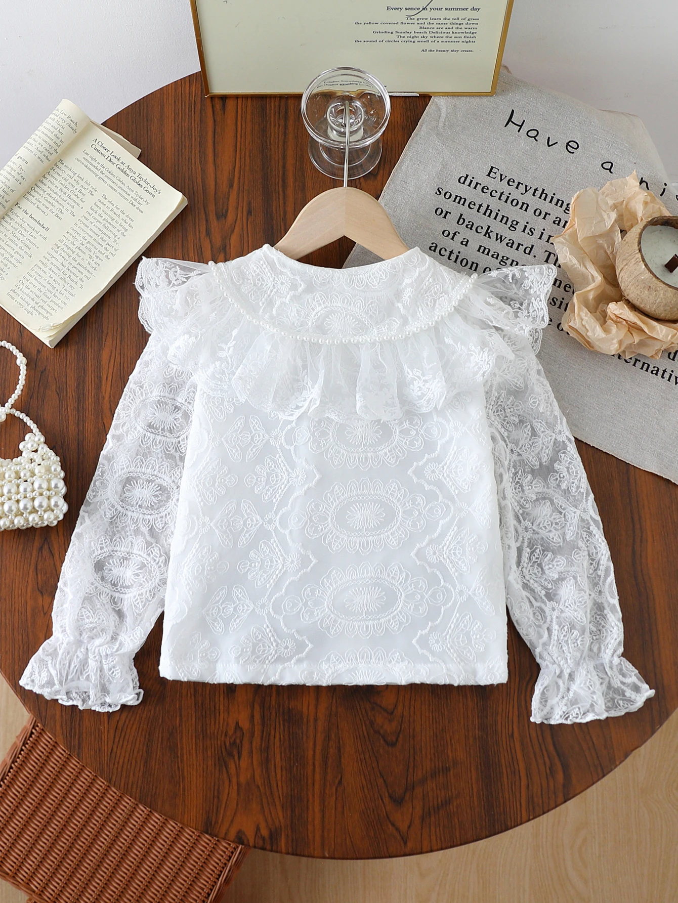 Girls' Spring and Autumn Shirt, Elegant and Fashionable, Heavy Lace Trim, Doll Collar, Open-Front, Long-Sleeved, Princess-Style Party Versatile Clothing for Little Girls