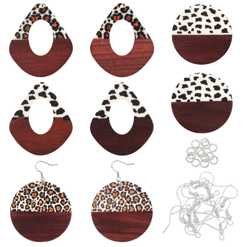 Retro Leopard Printed Resin Wooden Pendants Teardrop Round Splicing Charms for Jewelry Making Party Earrings DIY Crafts Supplies new baroque valentine s day headband female hand stitched glass charms gemstones sequins inlaid love party hair accessories