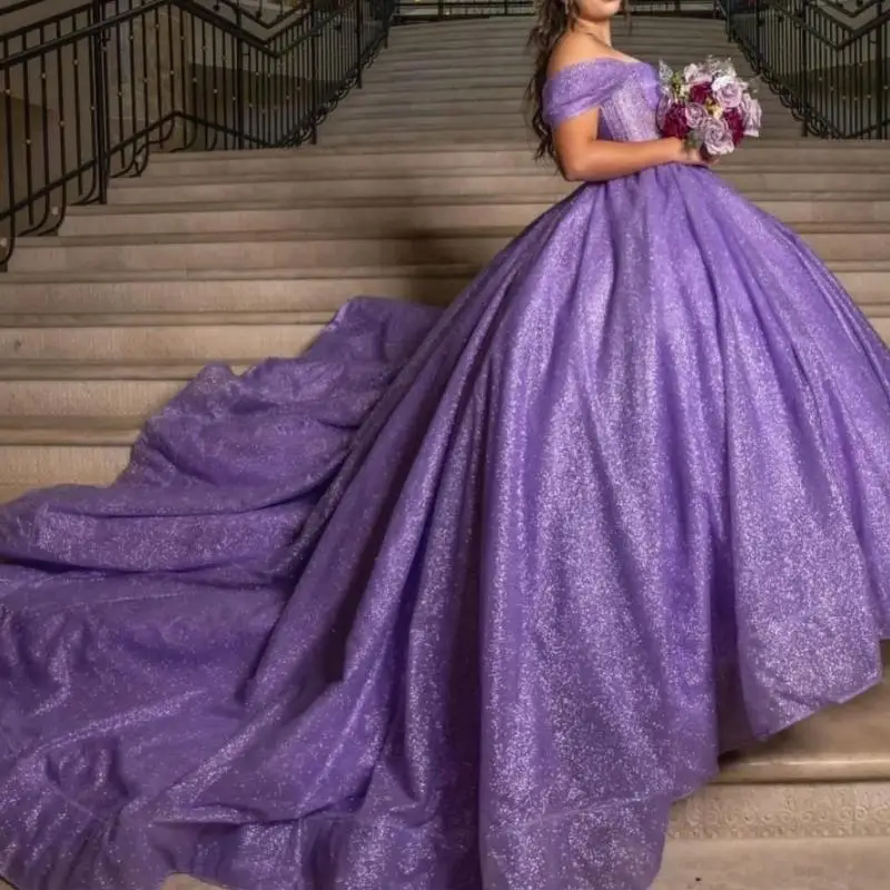 Vestido De fiesta morado brillante personalizado para mujer, Vestido para ocasiones especiales, Vestido De baile con hombros descubiertos, Vestido De 15 Anos Sweet 16 Quinceanera