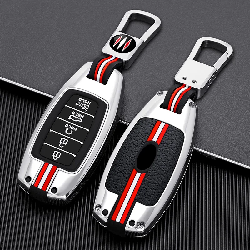 1*Car Key Case Cover Car Keychain Shell Kit Gun/Silver for Hyundai D Model 3/4 Button Key Two-Color Line Style Car Accessories