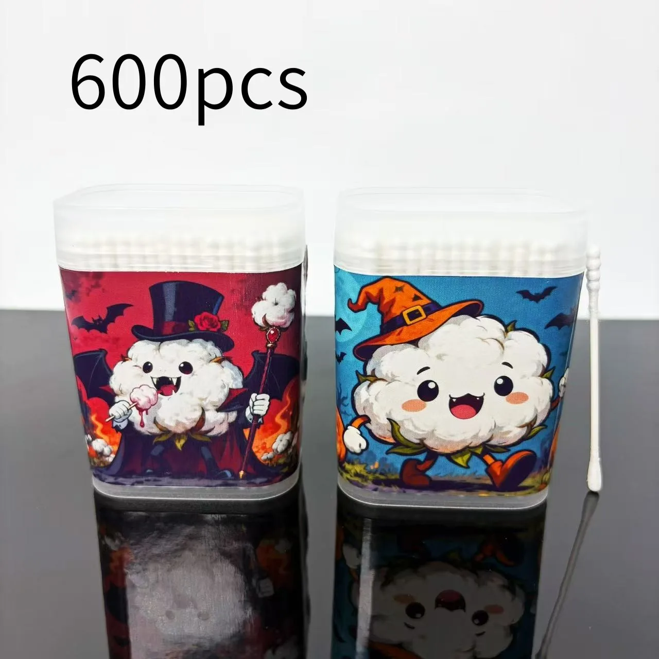 Tamponi a doppia estremità in cotone a tema Halloween da 400 pezzi/600 pezzi Tamponi rotondi a spirale in cotone creativo per Halloween