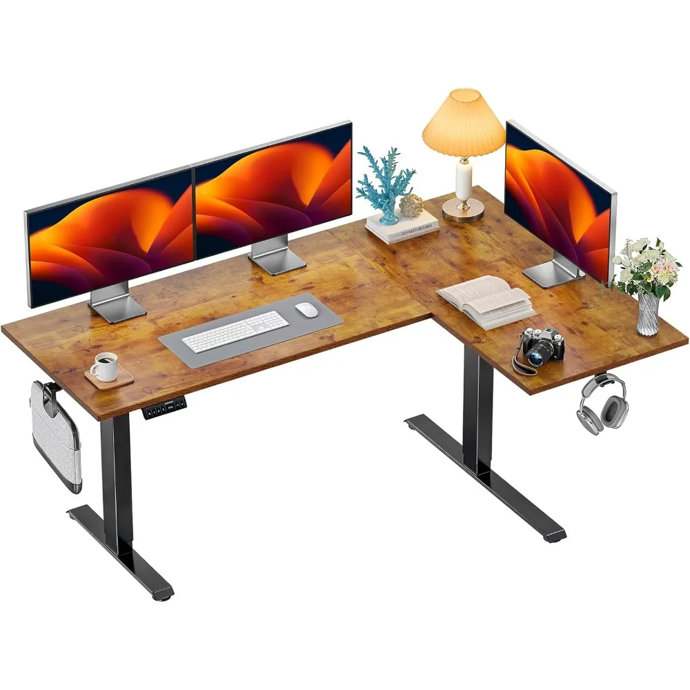 

L-Shaped Electric Standing Desk with Dual Motors, 3 Adjustable Heights, and 2 Hooks, 71x48 inches