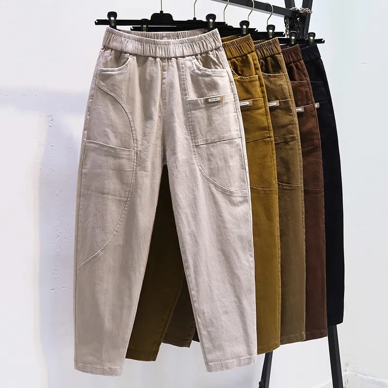 

Washed Cotton Casual Pants Women's 2023Spring Autumn New Loose Ladies High Waist Wild Straight Nine Radish Harem Trousers Female