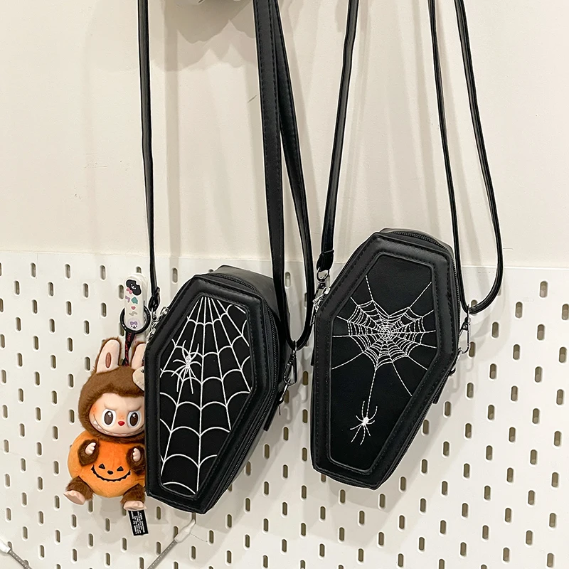 

New Design Coffin Shaped Cellphone Crossbody Bags Halloween Horror Black Purse Spiderweb Printed Spooky Shoulder Bags for Women