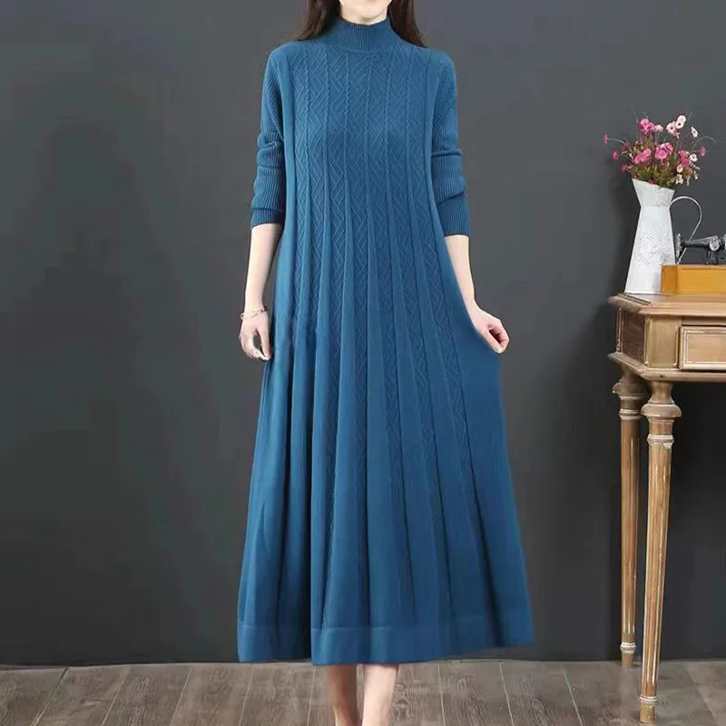 Loose Pullover Dress Middle-long Women's Sweater Half Turtleneck Warm Knitting Mother Clothing Fall Winter Bottom Wear Sweater