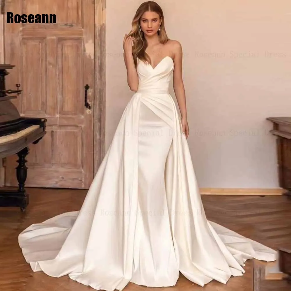 

Simple A-line Wedding Dress Sleeveless Detachable Strapless Open Back Draped Pleat Bride Dresses Floor Length robe de mariée