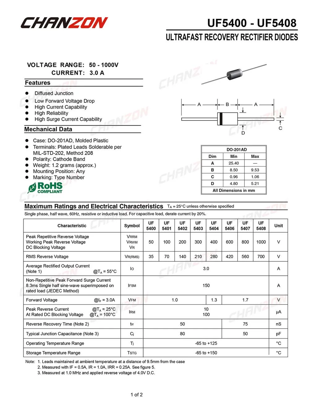 20 Pcs UF5408 Ultra Fast Recovery Rectifier Diode 3A 1000V 50-75ns DO-201AD DO-27 Axial 3 Amp 1000 Volt UF 5408