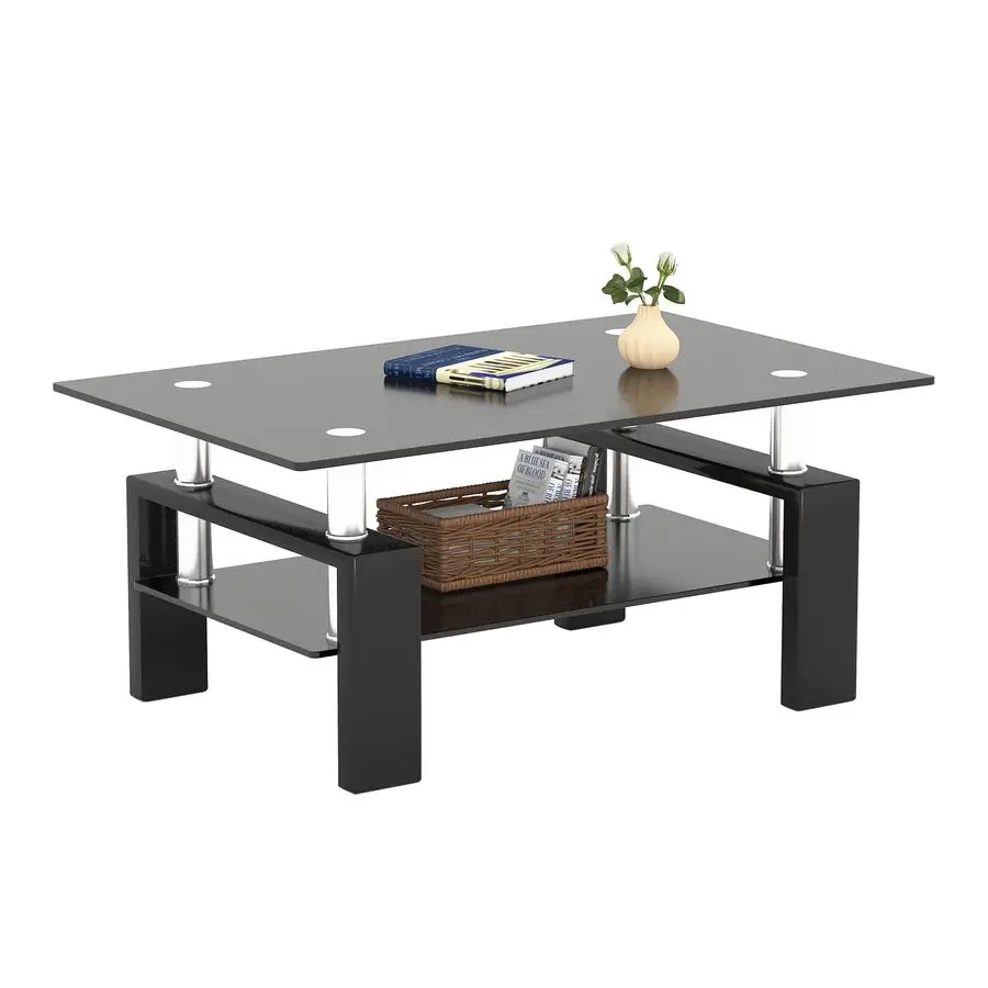 Rectangle Glass Coffee Table 2Tier Tea Table Modern Side Coffee Table for Living Room All Black